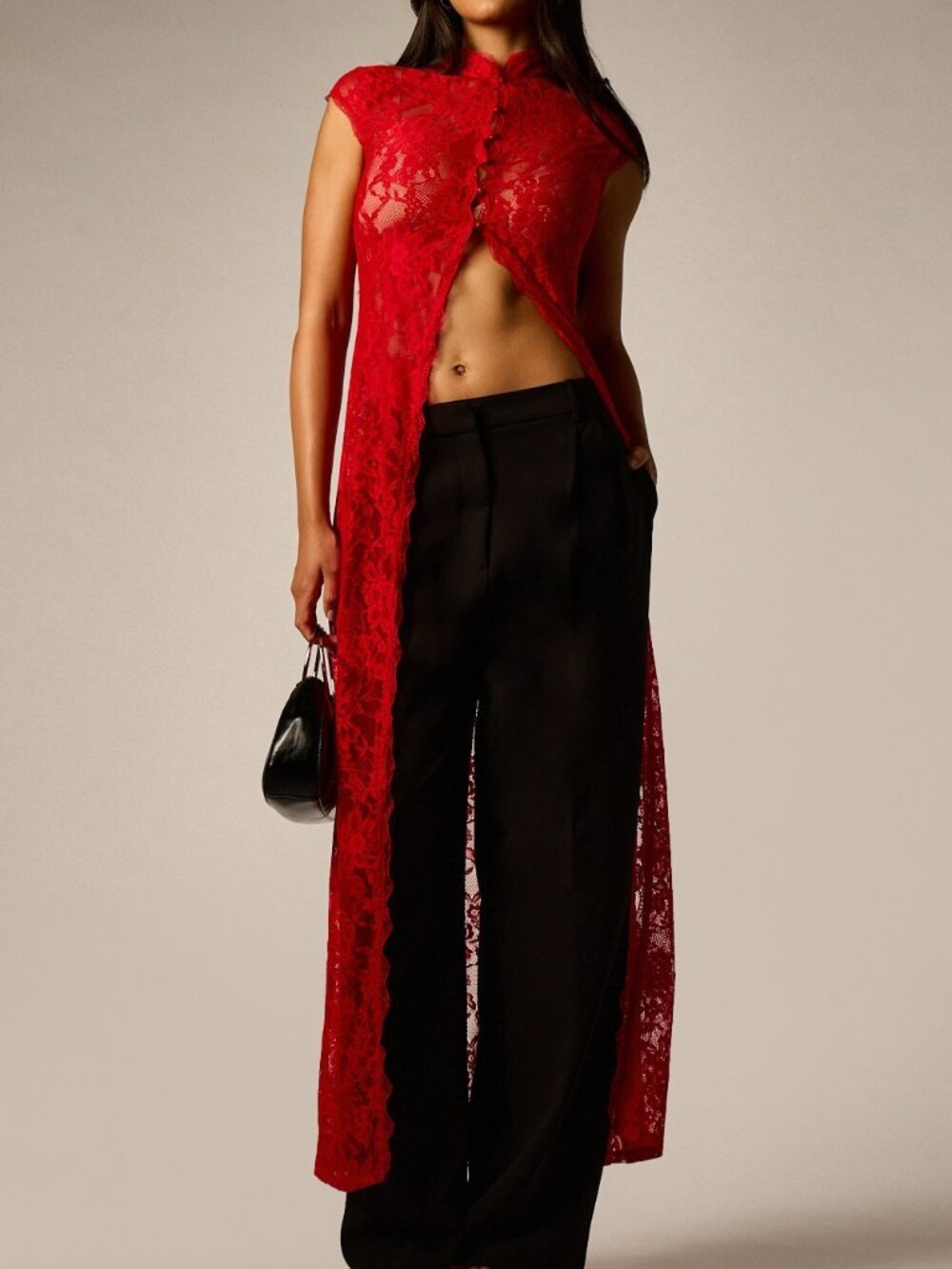 Red Party Women's Floral Lace Longline Open Front Duster Top - Picture 4 of 5